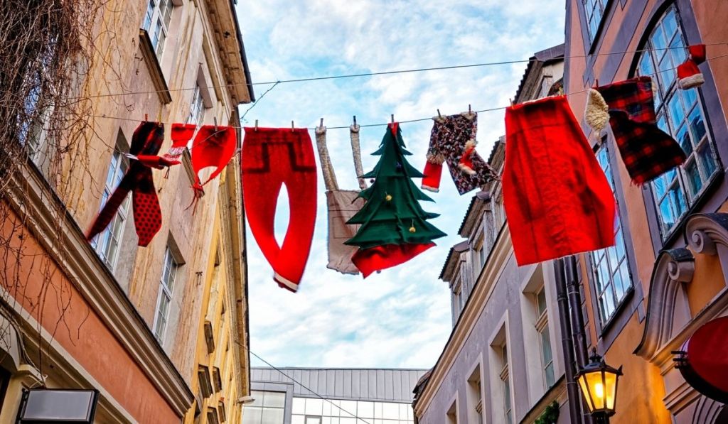 cloth decoration hanging over street  